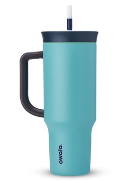 a blue travel mug with a black handle and the word jodo on it is sitting in front of a white background