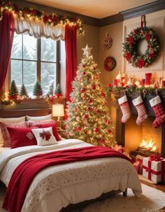 a bedroom decorated for christmas with red and white decor