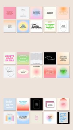 a series of business cards with different colors and font on them, all in various sizes