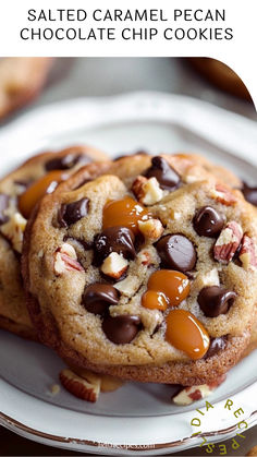 salted caramel pecan chocolate chip cookies on a plate with text overlay