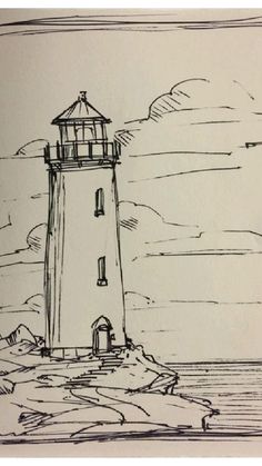 a black and white drawing of a lighthouse