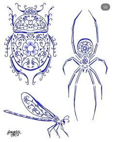 two drawings of bugs and a spider on a white background, one is drawn in blue ink