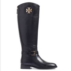 Brand New With Box And Dust Bag Tory Burch Adeline Leather Riding Boot Girded At The Ankle With An Adjustable Buckled Strap. 1" Heel 16" Shaft; 15" Regular Calf Circumference Back Zip Closure Ankle Strap Adjusts To Allow You To Slip Your Foot Into The Boot More Easily Leather Upper/Textile And Leather Lining/Leather And Rubber Sole Black Wedge Boots, Tory Burch Boots, Tory Burch Ballet Flats, Miller Sandal, Slouchy Boots, Lug Sole Boots, Tory Burch Sandals, Tall Riding Boots, Leather Thong Sandals