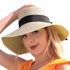 PRICES MAY VARY. 🌴 Suitable Size -The beach hats for women is suitable for most people. Height (above the top) is 5.11 inches; The brim is 4.52 inches wide; The inner circumference is about 22.8-23.6 inches. Our wide brim hats for women help to cover your face, neck and ears, thereby protecting your skin from rays and possibly preventing age spots. 🌴 Stylish Design - UPF 50+ beach hat is made of premium straw fabric that is lightweight and breathable, will keep you cool even in the hottest mid Lightweight Panama Hat For Sunbathing, Packable Beach Season Hat, One Size Fits Most, Packable Solid Sun Hat For Summer, Flat Brim Bucket Hat For Vacation, Packable Wide Brim Bucket Hat For Beach Season, Packable Solid Color Sun Hat For Vacation, Packable Hat For Beach Season, Packable Hat For Beach Vacation, Beachy Panama Hat With Upf 50+