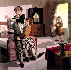 a painting of two children sitting on a bed