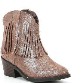 From Steve Madden&#x2C; the Girls' J-Brixby Sparkle Fringe Boots feature: Microsuede upperInside zipper closure for easy on/offJersey liningRubber blend outsoleApprox. 1.5" heel heightImported. Fringe Boots, Girls Shoes Kids, Madden Girl, Girls Boots, Dillard's, Kid Shoes, Steve Madden, Kids Shoes, Bootie Boots