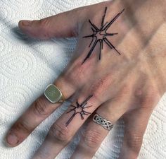 a person's hand with two tattoos on it and one has a ring in the middle