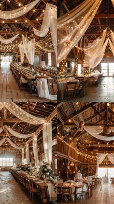 the inside of a barn with tables and chairs covered in white draping, lights and flowers