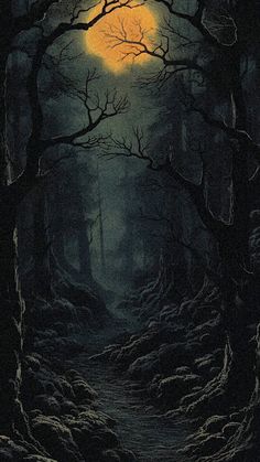 a painting of a dark forest with trees and the moon in the sky above it