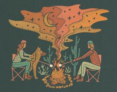 two people sitting around a campfire in front of a full moon