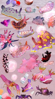 many different types of sea animals floating in the ocean water with bubbles and bubbles around them