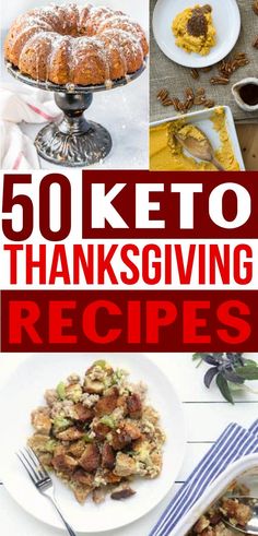 the cover of 50 keto thanksgiving recipes, with pictures of cakes and desserts