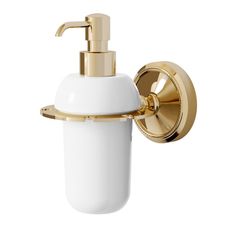 a white and gold soap dispenser on a wall mounted faucet