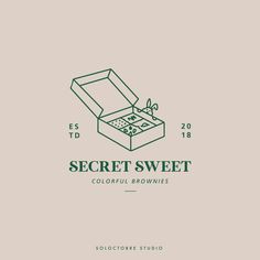 the secret sweet box logo is shown on a beige background with green lettering and an image of