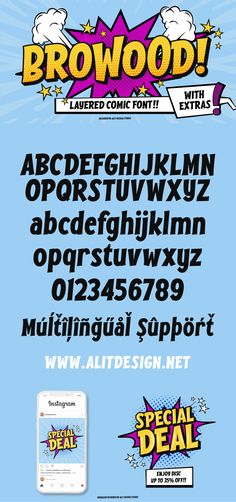 an advertisement for the brand brochure with comic font and numbers on blue background