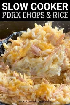 slow cooker pork chops and rice in a black bowl with text overlay