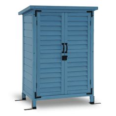 a blue storage cabinet with two doors on one side and an open door on the other