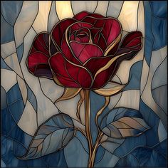 a stained glass window with a red rose on it