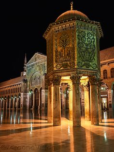 an ornate building with columns and arches lit up at night