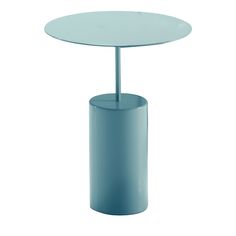 a small round table with a blue base