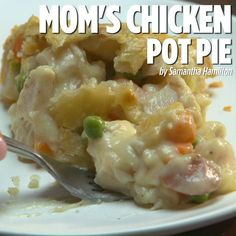 mom's chicken pot pie on a white plate with a silver fork in it