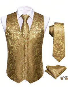 Gold Party Collar Sleeveless Fabric Paisley  Embellished Non-Stretch  Men Clothing Gold Wedding Shirt, Champagne Groomsmen Vest, Copper Vest Groomsmen, Art Deco Clothing Mens, Black Suit Vest, Gold Man, Men Waistcoat, Men's Waistcoat, Silk Vest