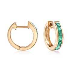 Ross-Simons - .60ct t.w. Emerald Huggie Hoop Earrings in 14kt Yellow Gold. 3/8". A great pop of color for every day, or a versatile May birthstone piece. Verdant .60 ct. t.w. channel-set square emeralds glow against sunny polished 14kt yellow gold in this precious pair of huggie hoop earrings. Hanging length is 3/8". Hinged post, emerald huggie hoop earrings. Emerald birthstones are the perfect gift for May birthdays. Emerald Eternity Band, Gold Huggie Hoop Earrings, Emerald Necklace Pendant, Emerald Earrings Drop, Triple Hoop Earrings, Ruby Necklace Pendant, Front Back Earrings, Sapphire Earrings Studs, Emerald Earrings Studs