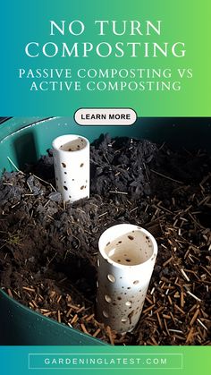 two white cups sitting in dirt next to each other with the words no turn composting passive composting vs active composting