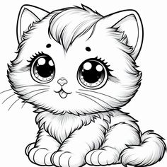 a black and white drawing of a cat with big eyes, sitting on the ground