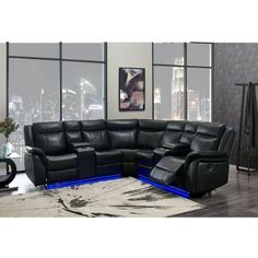 a black leather sectional sofa with blue lights on the armrests and head rest