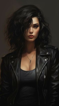 a painting of a woman in black leather jacket with her hair blowing back and eyes closed