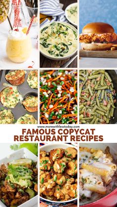 many different pictures of food and drinks with the words famous copycat restaurant recipes on them