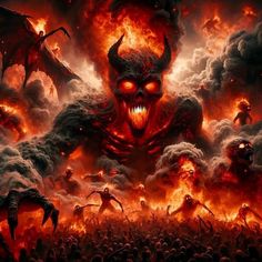 a demonic demon surrounded by flames and other demonic creatures in front of a large crowd