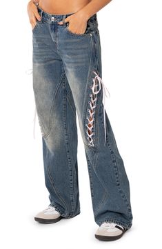 Lace-up ties add a flirty, unexpected look to these low-rise wide-leg jeans made from faded nonstretch denim. 100% cotton Machine wash, dry flat Imported Low Rise Wide Leg Jeans, Lace Up Jeans, Bow Jeans, Lace Jeans, Jeans Low Rise, Lined Jeans, Swimwear Dress, Low Rise Jeans, Party Tops