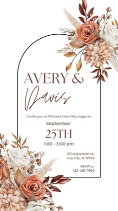 a wedding card with flowers and leaves on it