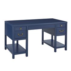 a blue desk with two drawers on one side and an open drawer on the other