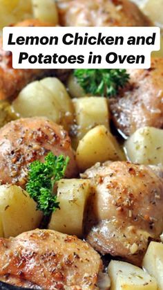 lemon chicken and potatoes in oven with text overlay