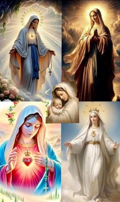 four pictures of the virgin mary, jesus and baby jesus in different stages of creation