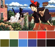 Hayao Miyazaki Color Palettes, Film Palette, Movie Color Palette, Color Design Inspiration, Color Script, Kiki's Delivery Service, Princess Coloring, Ghibli Art