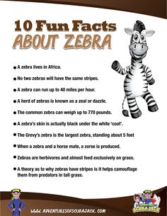 an advertisement for zebras and other animals with the words 10 fun fact about zebra