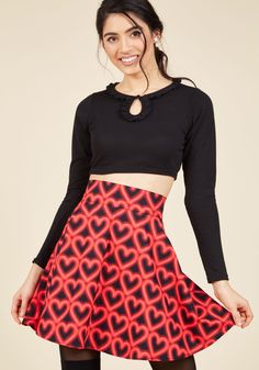 Neon Hearts Skater Skirt - Cute red hearts on a playful black skater skirt.  Cute, trendy, & girly heart print design makes a bold women's fashion statement for valentine's day, sweetest day, or any day you want to show your love.  Disclosure: this is an affiliate link. Neon Hearts, Black Skater Skirts, Skirt Short, Line Skirt, Circle Skirt, Black Bottoms, Black Skirt