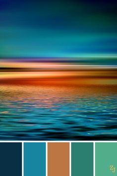 an ocean scene with blue, orange and green colors in the background is a color palette