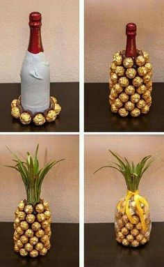 four pictures of pineapples and a bottle of wine in different stages of being decorated