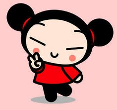 an image of a cartoon character that is giving the peace sign with her hand and wearing a red shirt