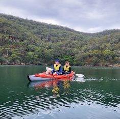 two people in a kayak paddling on the water