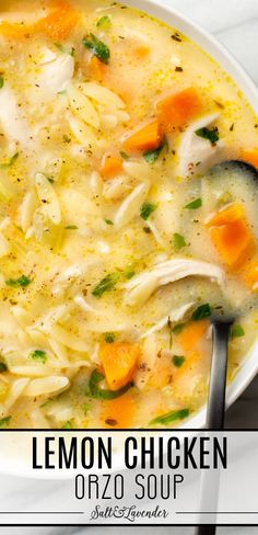 closeup of a bowl of soup with a spoon and text overlay that reads lemon chicken orzo soup Lemon Chicken Orzo, Orzo Soup Recipes, Lemon Chicken Soup, Orzo Soup, Orzo Recipes, Chicken Orzo, Chicken Orzo Soup