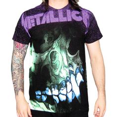 a man with long hair wearing a black t - shirt that says metallic on it