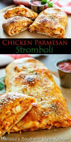 chicken parmesan stromboli with salsa sauce on the side