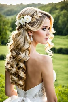 a beautiful blonde woman with long hair wearing a wedding dress and flower in her hair