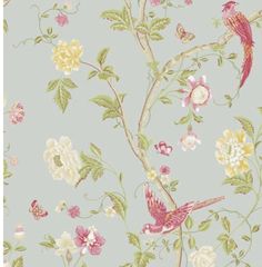 a wallpaper with flowers and birds on it in pastel blue, pink, yellow and white colors